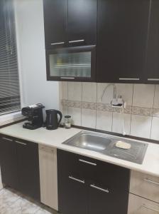 - une cuisine avec un évier et des placards noirs dans l'établissement Стан, à Prilep