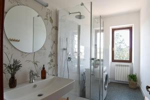 ein Bad mit einem Waschbecken und einer Dusche mit einem Spiegel in der Unterkunft ZEM casolare in Petriolo