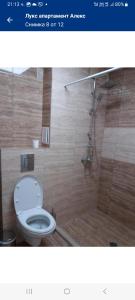 La salle de bains est pourvue d'une douche et de toilettes. dans l'établissement Лукс апартамент Алекс, à Blagoevgrad