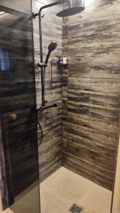 a shower in a room with wooden walls at Lauku iela 25 in Jūrmala