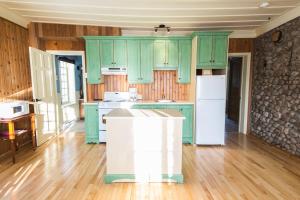 a kitchen with green cabinets and a white refrigerator at Domaine Frais Air in La Malbaie