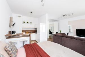 TV a/nebo společenská místnost v ubytování Apartment Kozielska z pięknym ogrodem i tarasem
