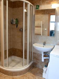 a bathroom with a shower and a sink at Cozy Apartment nearby Arena in Prague