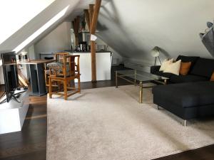 - un salon avec un canapé et une table dans l'établissement Apartment See-Sicht, à Öhningen