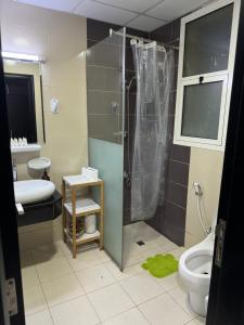 a bathroom with a shower and a toilet at Studio Apartment near JBR in Dubai
