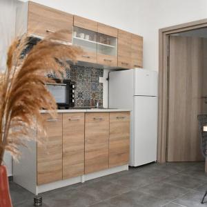 a kitchen with wooden cabinets and a white refrigerator at Heliofos Apartments in Stomio