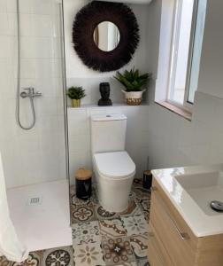 a bathroom with a toilet and a shower and a mirror at ESTUDIO CON TERRAZA CHILL in El Puerto de Santa María