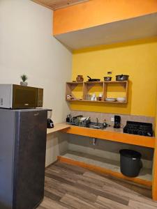 - une cuisine avec un évier et un comptoir dans l'établissement cabañas en zacatlan, à Zacatlán