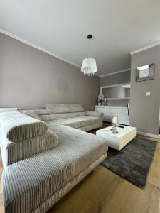 uma sala de estar com um sofá e uma mesa em Apartament Szarotki em Szczecin