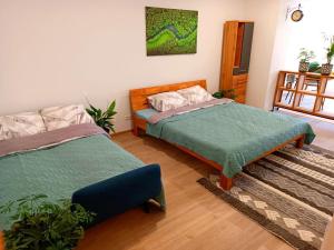 a bedroom with two beds and a rug at Gasthaus Tauchen with kitchen in Mönichkirchen