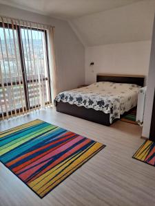 a bedroom with a bed and a colorful rug on the floor at La mama Marta in Sovata