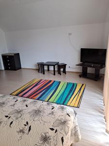 a living room with a colorful rug on the floor at La mama Marta in Sovata