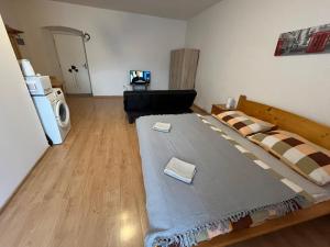 a bedroom with a large bed in the middle of a room at Apartman Centrum in Banská Bystrica