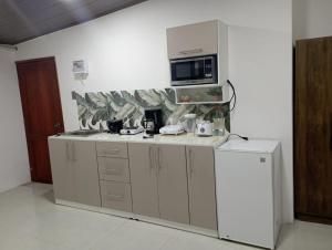 a kitchen with a stove and a microwave at Suite elegante en urbanización privada in Machala