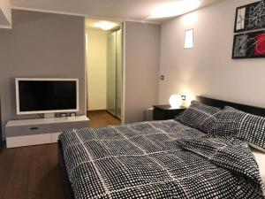 een slaapkamer met een bed en een flatscreen-tv bij Moderno loft alle porte di Milano - 115mq - 3 posti in Cormano