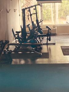 a gym with a bunch of cardio equipment at Suite With Pool Access in Davenport