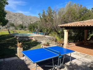 a blue ping pong table in a backyard with a pool at Villa Estel - La Goleta Hotel de Mar & Villas in Pollença