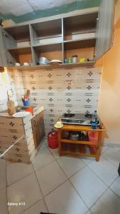 a small kitchen with a stove and wooden walls at Studios in roysambu in Nairobi