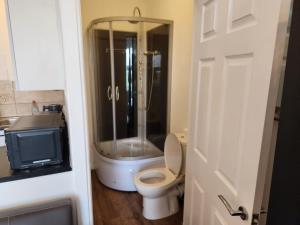 een badkamer met een douche, een toilet en een wastafel bij Immaculate 1-Bedroom in Greenhithe in Greenhithe