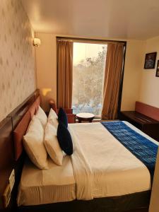 1 dormitorio con cama con almohadas y ventana en RoseMallow Tavisha Hotel, en Nueva Delhi