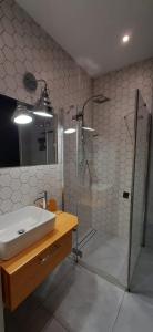 a bathroom with a sink and a shower at Apartament DANI in Nysa