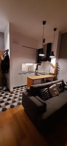 a living room with a couch and a kitchen at Apartament DANI in Nysa