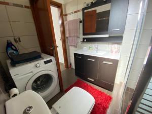 ein Badezimmer mit einer Waschmaschine und einem Waschbecken in der Unterkunft ''The Stone'' in Agios Vlasios