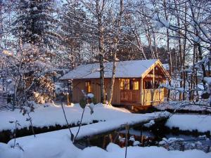 uma cabana de madeira na neve com um lago em Holiday apartment Stadler em Hinterschmiding