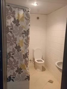 a bathroom with a toilet and a shower curtain at بورتو مارينا الساحل الشمالي in El Alamein