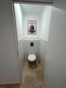 a bathroom with a toilet and a picture on the wall at Logement T2 au coeur du village in Gruissan