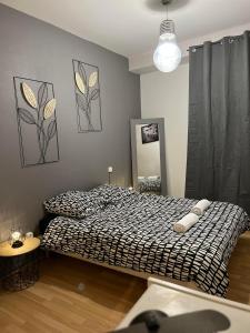 a bedroom with two beds and a mirror at L'industriel , T2 hyper centre cosy in Montauban