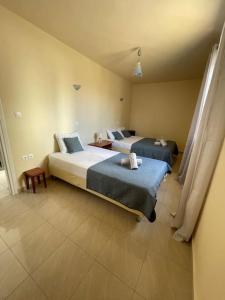 2 Betten in einem Hotelzimmer mit in der Unterkunft MontNoir Appartement in Mavrovouni