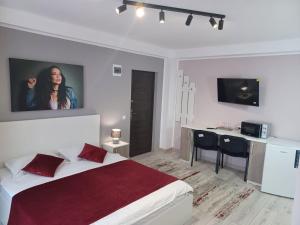 a bedroom with a bed and a desk with a tv on the wall at Aparthotel Oltului in Galaţi