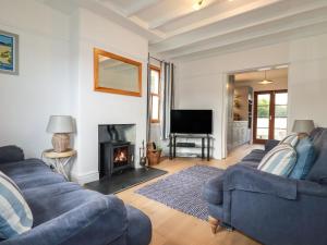 a living room with two blue couches and a fireplace at Tresawle in Newquay