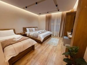 a hotel room with two beds and a television at Vila Alpini in Razëm