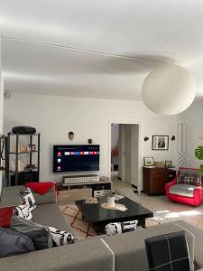 ein Wohnzimmer mit einem Sofa und einem Flachbild-TV in der Unterkunft Chez Chichi in Sicca Veneria