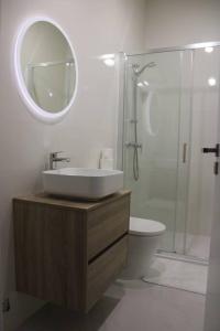 a bathroom with a sink and a shower and a toilet at Casa Manuel e Maria in Fátima