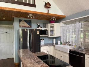 uma cozinha com um frigorífico de aço inoxidável e um lavatório em Dogwood Mountain House em Fancy Gap