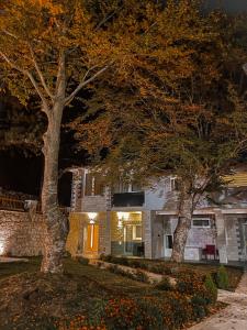 dos árboles delante de una casa por la noche en Vila Alpini en Razëm