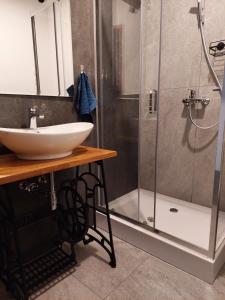 een badkamer met wastafel en douche bij Apartamenty Brenna Klimorówka in Brenna +57 foto's