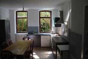 cocina con mesa de madera y 2 ventanas en Paschen Monteurzimmer, 