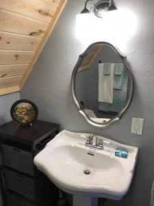 un baño con lavabo y espejo en Petting Zoo! Hot Tub, 15 acres, stream & Romance!, en Sugar Grove 75 fotos más