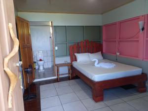 a small bedroom with a bed and a bathroom at Bella Vista Corcovado in Drake