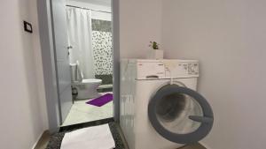a washing machine in a bathroom with a toilet at Guest's Apartament in Pogradec