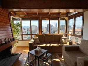 SkyView Oasis Premium Apartment في تيرانا: غرفة معيشة مع أريكة ومدفأة