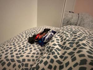 a bed with a black and white comforter at Cozy Flat in the Center of Kleinbasel in Basel