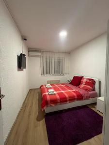 een slaapkamer met een bed met rode kussens en een paars tapijt bij Pavlovic apartman in Belgrado