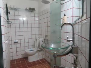 a bathroom with a glass sink and a toilet at Self-Contained Garden apartment with Galilee sea & mountains view 2 in Safed