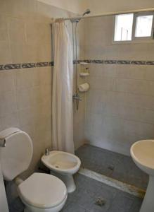 y baño con aseo, lavabo y ducha. en Cabaña Finca Lujan en Ciudad Lujan de Cuyo
