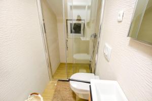 a small bathroom with a toilet and a shower at House Sea Stone in Dobropoljana +19 photos